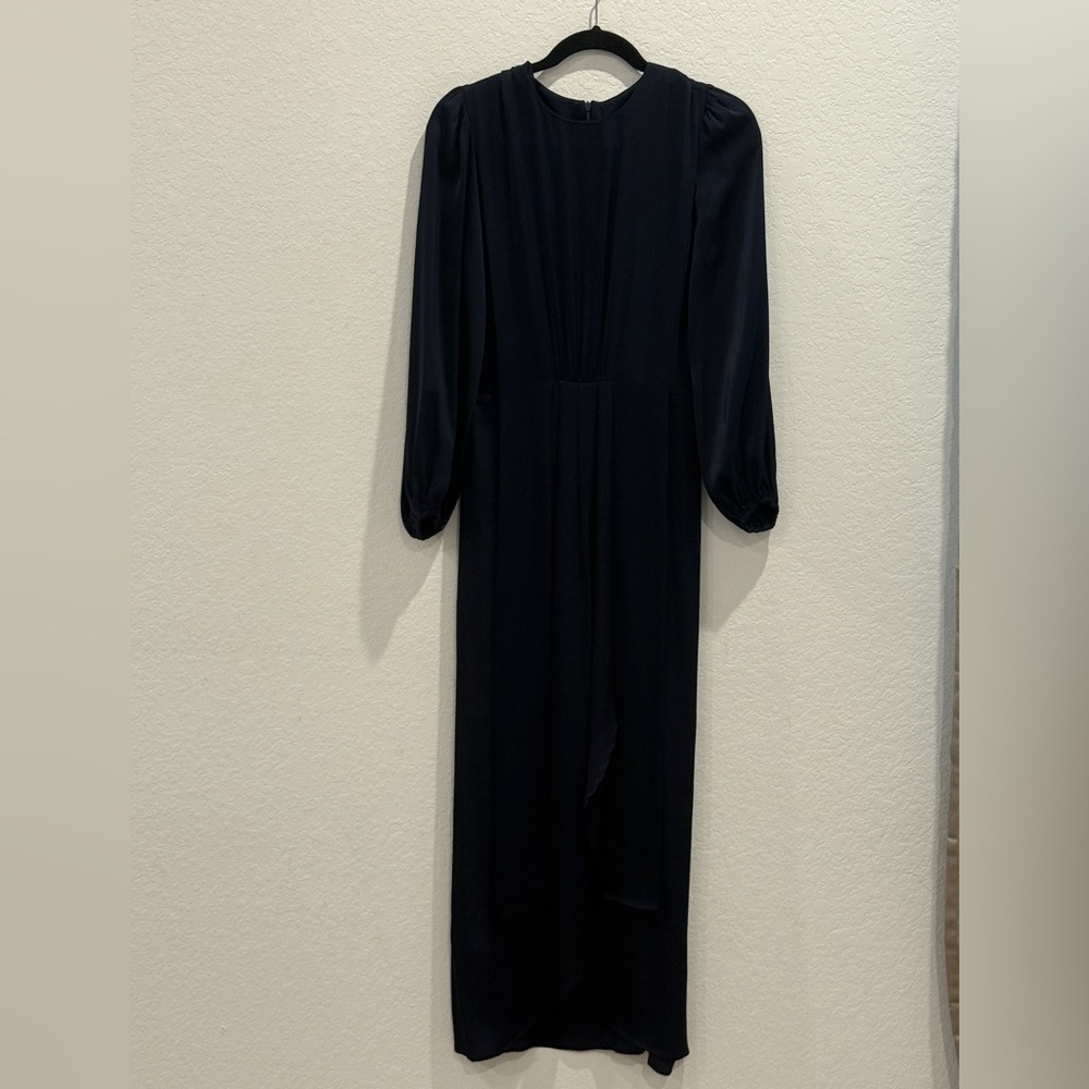 Pinup Art Elegant Navy Blue Long Sleeve Dress 100% Satin